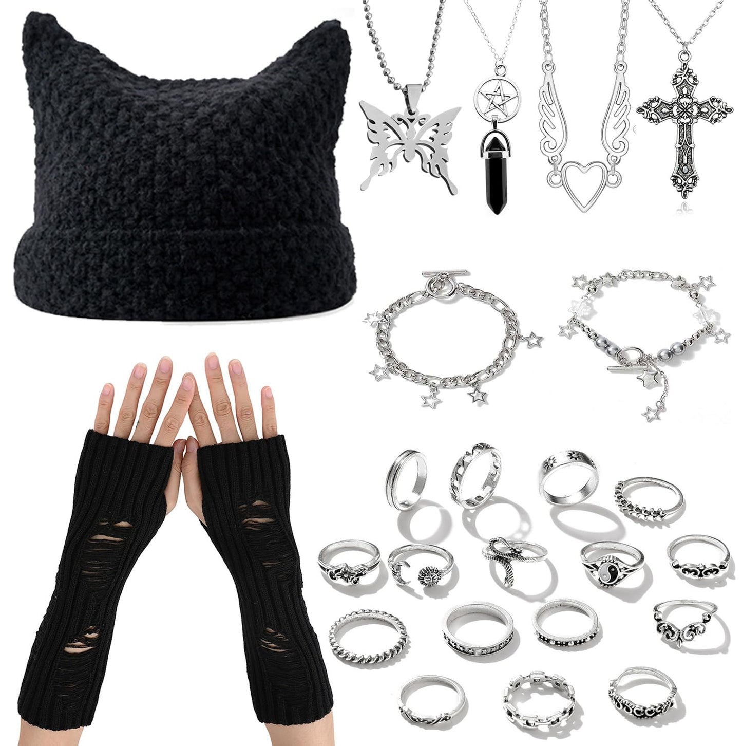 JDRGJTH 24PCS Y2k Jewelry Set,Y2k Accessories Grunge Knitted Cat Beanie,Fairy Grunge Gloves Necklace Rings Bracelet Therian Accessories Set Cosplay Party Jewelry Gift for Women