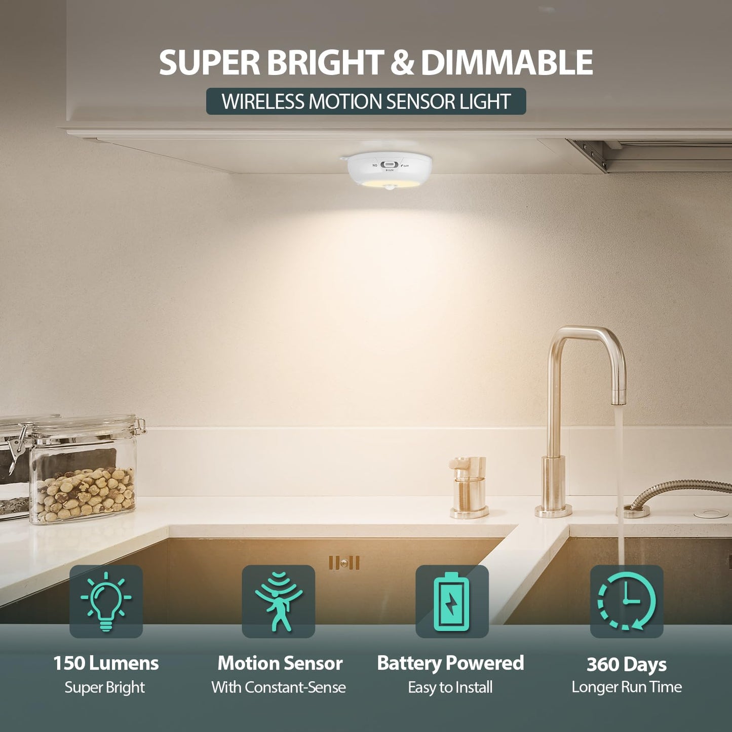BLS Under Cabinet Lighting 6-Pack LED Puck Lights Motion Sensor Dimmable 3000K Warm White Model AA-66