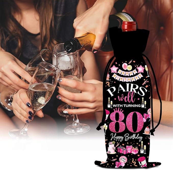 80th Birthday Gifts for Women Men Wine Bag, Birthday Gifts for 80 Year Olds Woman, 80th Birthday Party Decorations for Women Men, Pairs Well with Turning 80 Wine Bags (Black Pink)