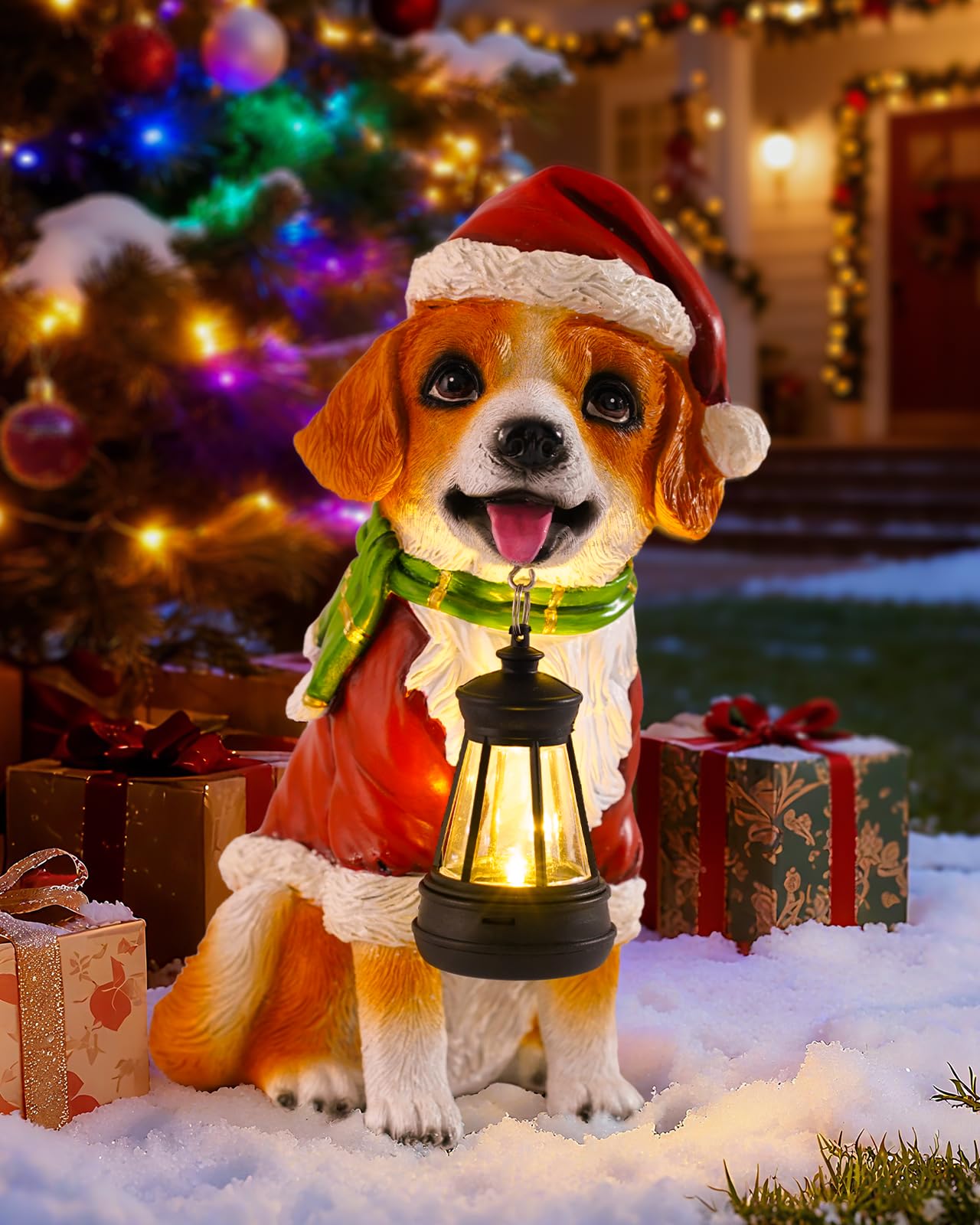 Christmas Dog Garden Statue with Solar Lantern - Santa Dog Figurine in Red Coat & Hat, Outdoor Christmas Yard & Porch Decoration