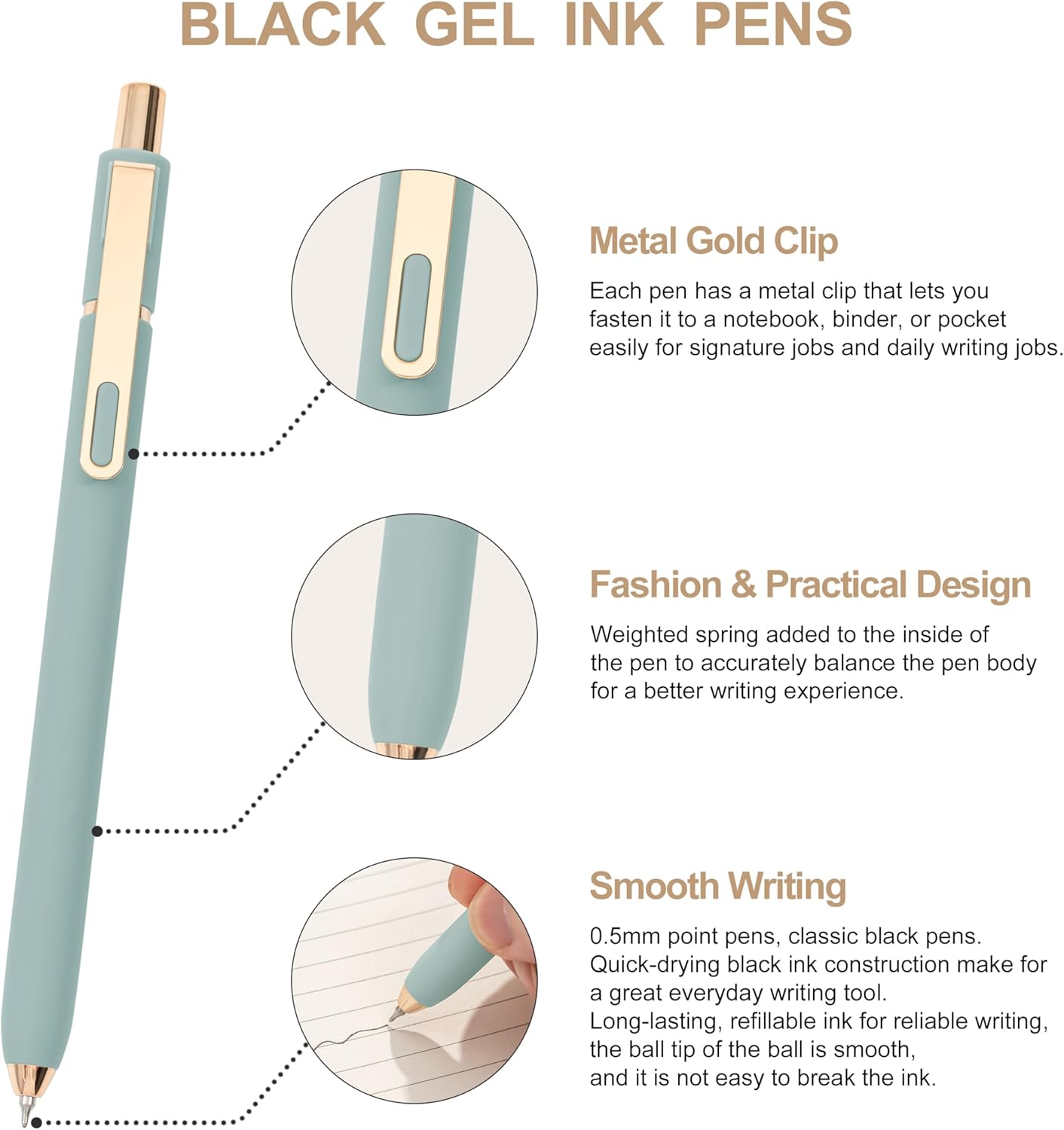 Linbsunne Gel Pens Black Ink Pens for Office 0.5mm Fine Point Pen Smooth Writing Retractable (Metal gold clip-18 pcs)