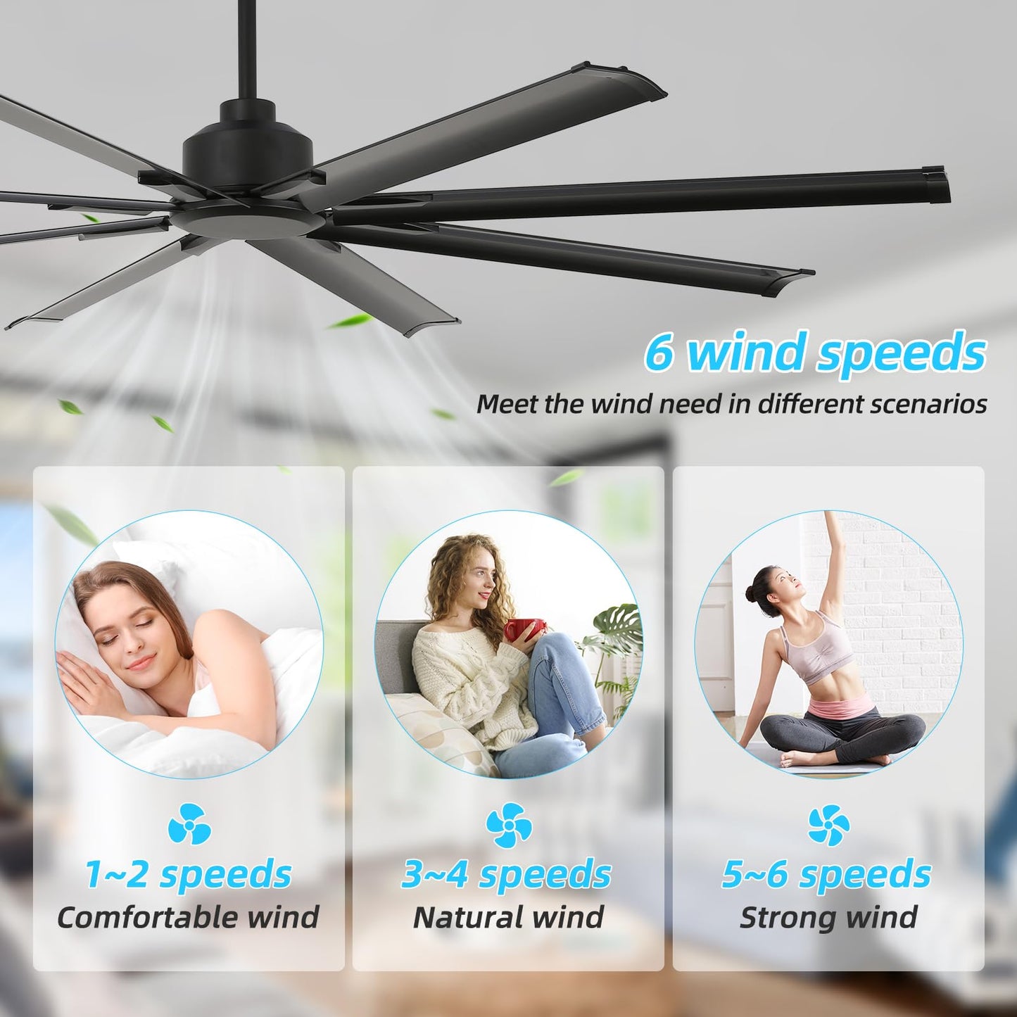 Rienaza 72 Inch Ceiling Fan No Light With Remote Control, 8 Blades Quiet Dc Reversible Motor, 6-Speed, Timer, Black, Indoor Outd