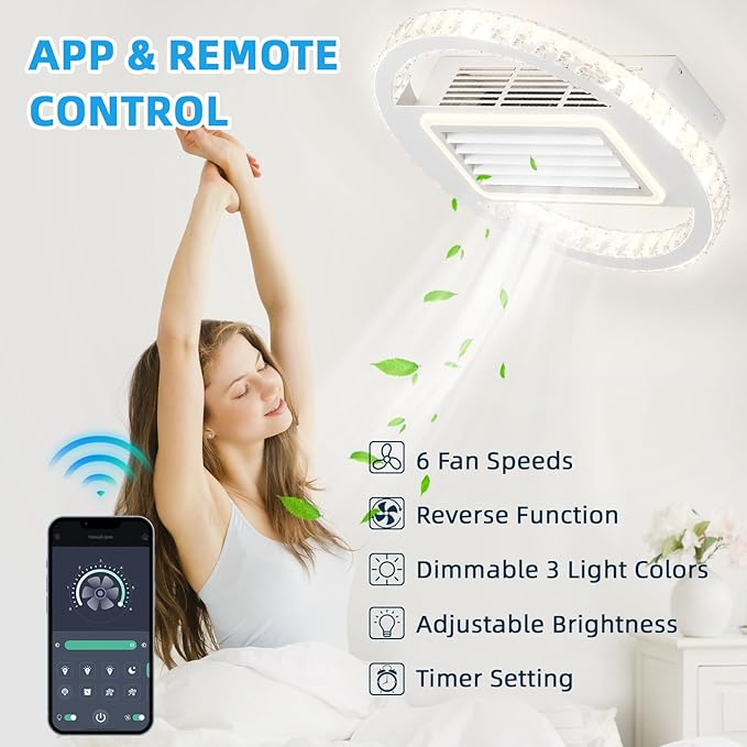 NicBex Ceiling Fan 22 Inch Modern Ceiling Fans with Lights Bladeless Ceiling Fan with Remote Control Round Ceiling Fans with Reversible Motor for Bedroom, Living Room, White
