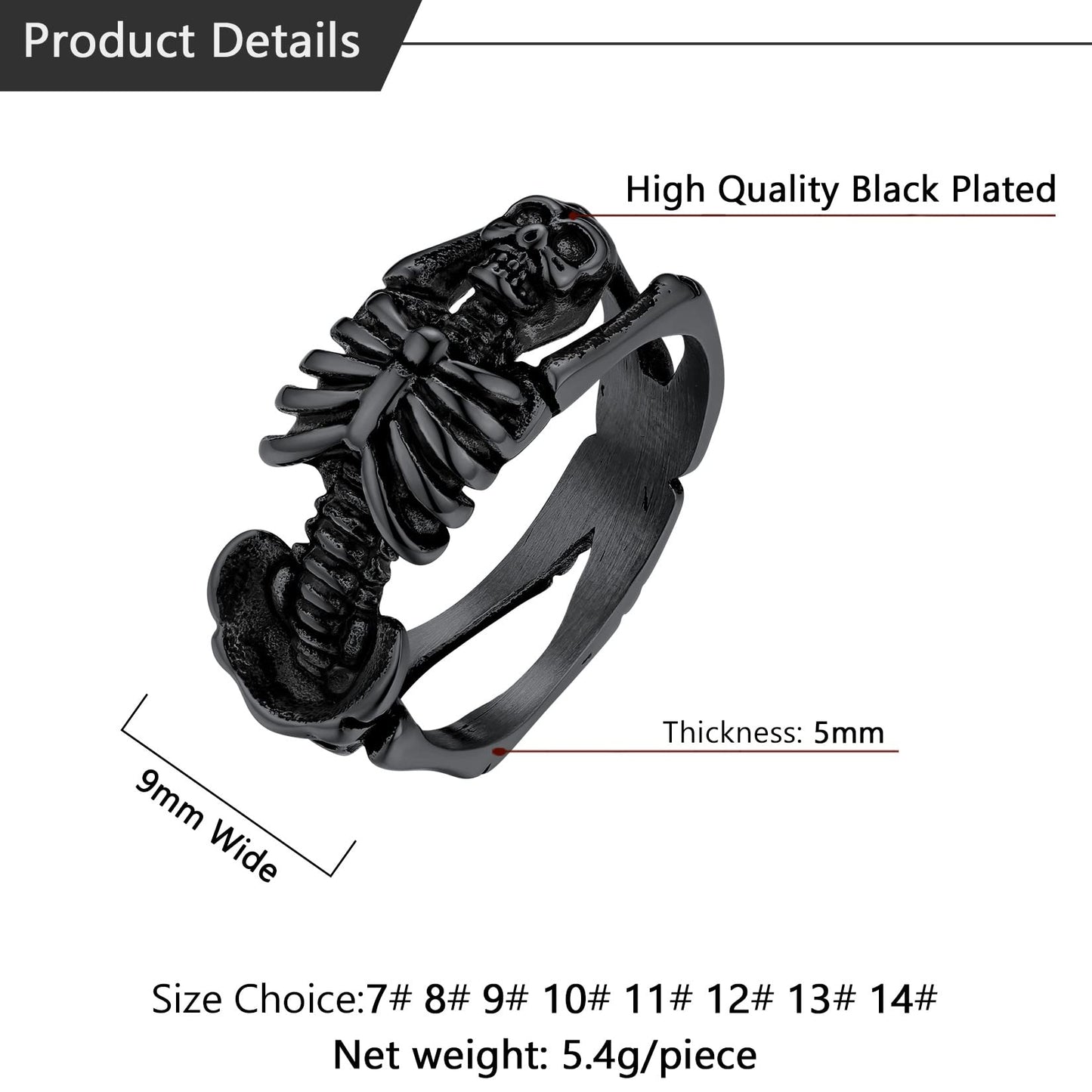 U7 Black Skull Rings for Men Gothic Punk Skeleton Jewelry 9mm Wide Vampire Party Halloween Ring Size 12