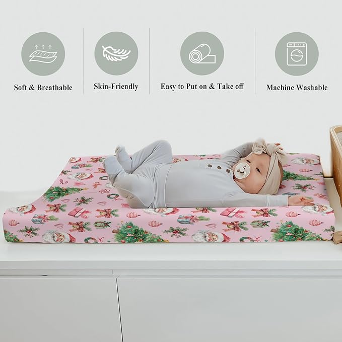 Pink Santa Christmas Trees Baby Changing Pad Covers for Boy Girl Santa Gifts Pine Fir Leaves Candy Love Fitted Changing Table Mats Winter Holiday Festive Soft Diaper Change Table Sheets 32''×16''
