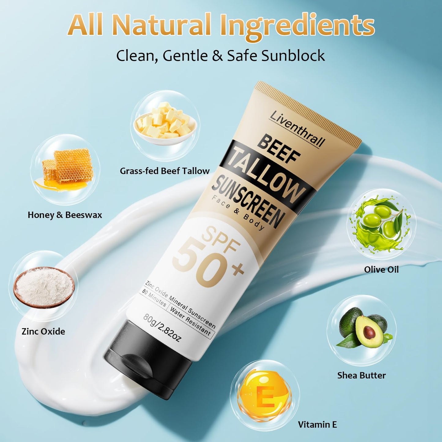 Mineral Sunscreen with Non-Toxic Zinc Oxide SPF 50, Organic Natural Beef Tallow Sunblock with Honey Beeswax, Non Greasy Formula