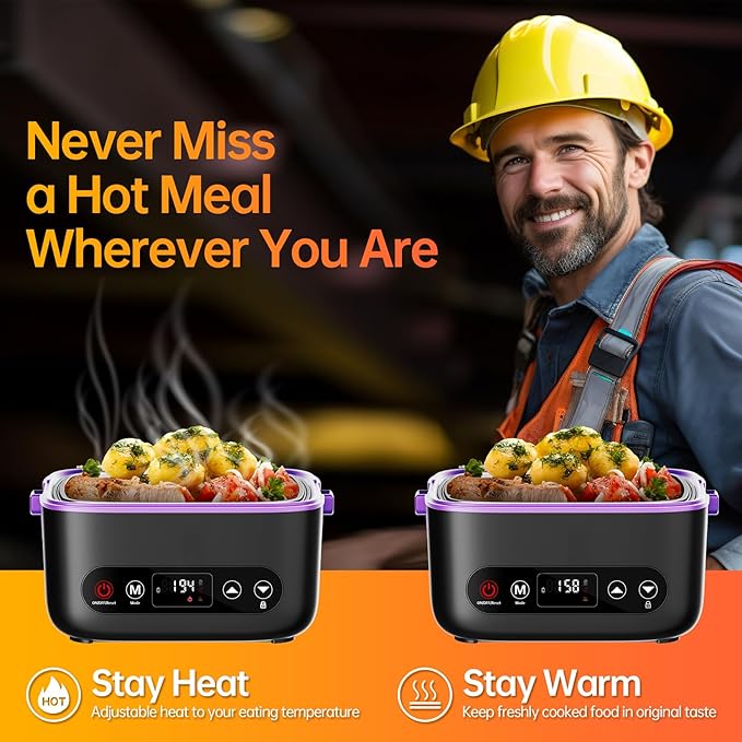 Cordless Electric Heated Lunch Box, 2x1.2L Portable Food Warmer Upgared 5D Surround Heat Tech 6x4000mAh Battery Powered with Dual Insulated Bag, 100W Automatic Heating 220°F Max BPA Free for Men
