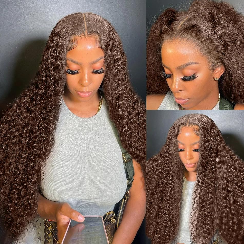 ABSFWIW 28 Inch Chocolate Brown Lace Front Wig Human Hair 13x6 Deep Wave Lace Front Wigs Human Hair 180 Density HD Colored Deep