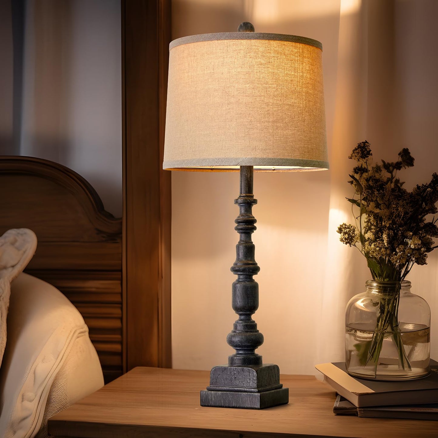 Oneach Vintage Farmhouse Usb Table Lamps Set Of 2, 27.75”, Antique Black Resin, Traditional Nightstand Lighting For Living Room & Bedroom