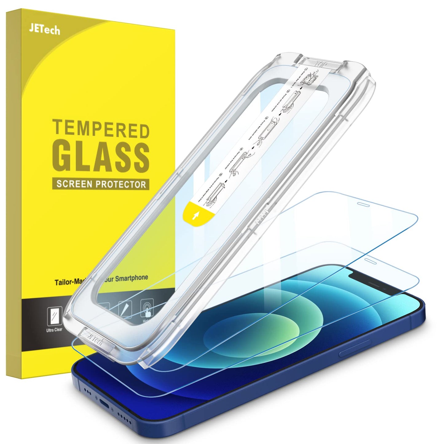 Jetech One Touch Install Screen Protector For Iphone 12/12 Pro 6.1-Inch, Full Coverage Tempered Glass Film, Auto Alignment Tool