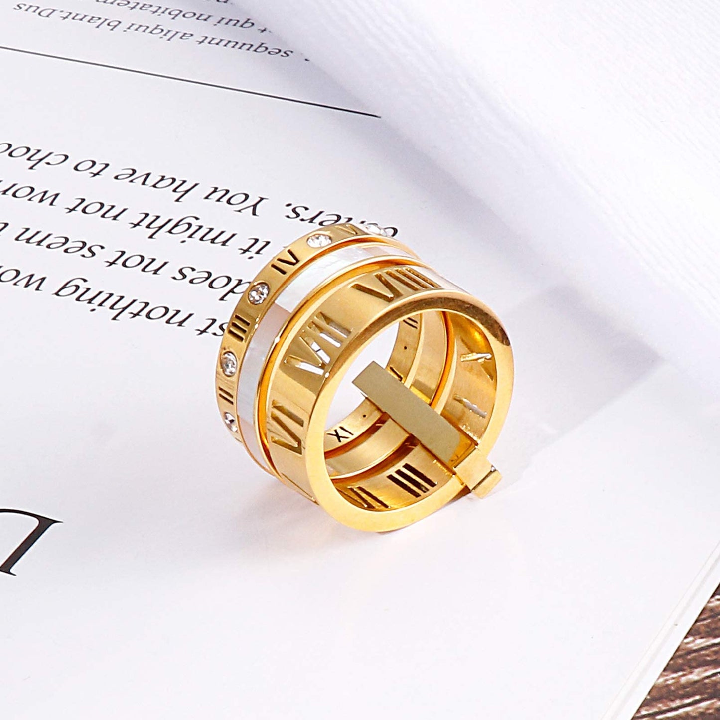Jarlinwel Stainless Steel CZ Zirconia Roman Numeral Ring For Women Stacking Thumb 3 in 1 Spinner Rings (Gold Shell-Inlaid, 10 Ru