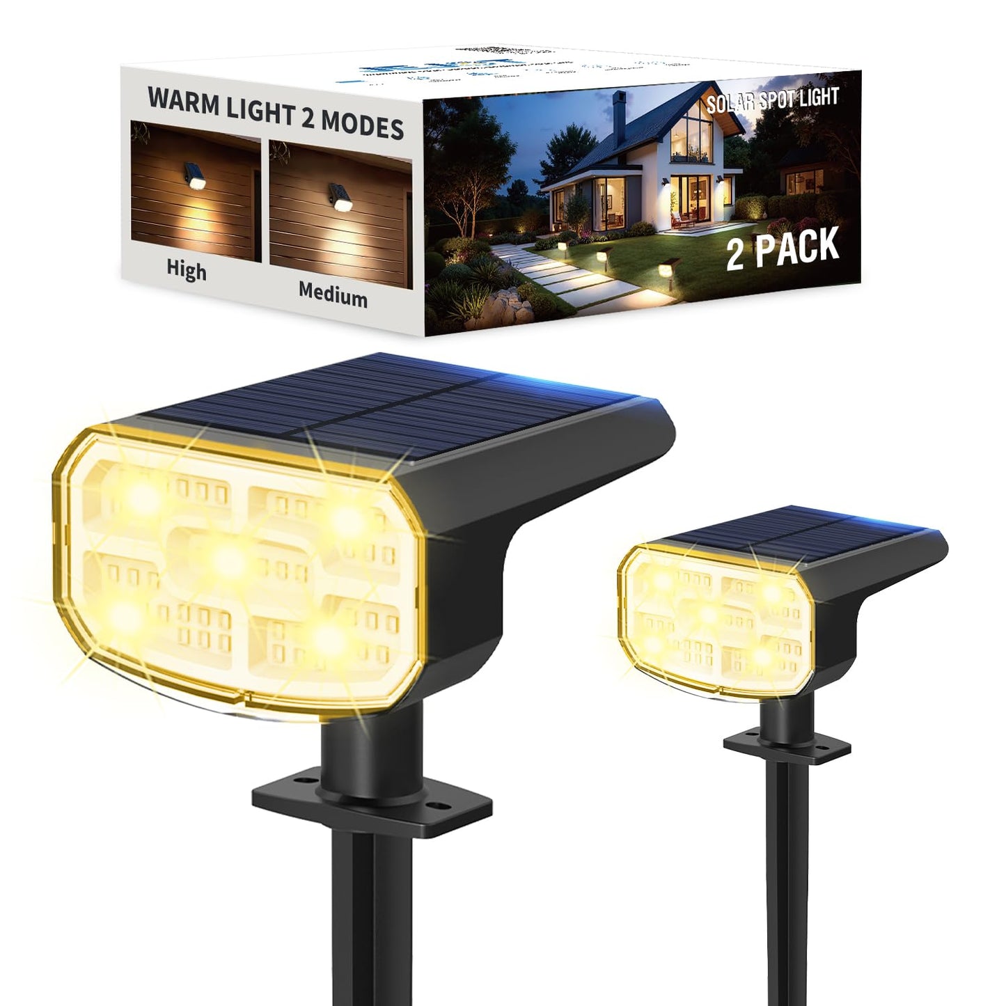 Jejot Solar Lights Outdoor Waterproof Ip65  Super Bright Led  3000K 2 Lighting Modes  Solar Powered Yard Garden Solar Spot Lights For Outside Landscape Auto On/Off -2 Pack