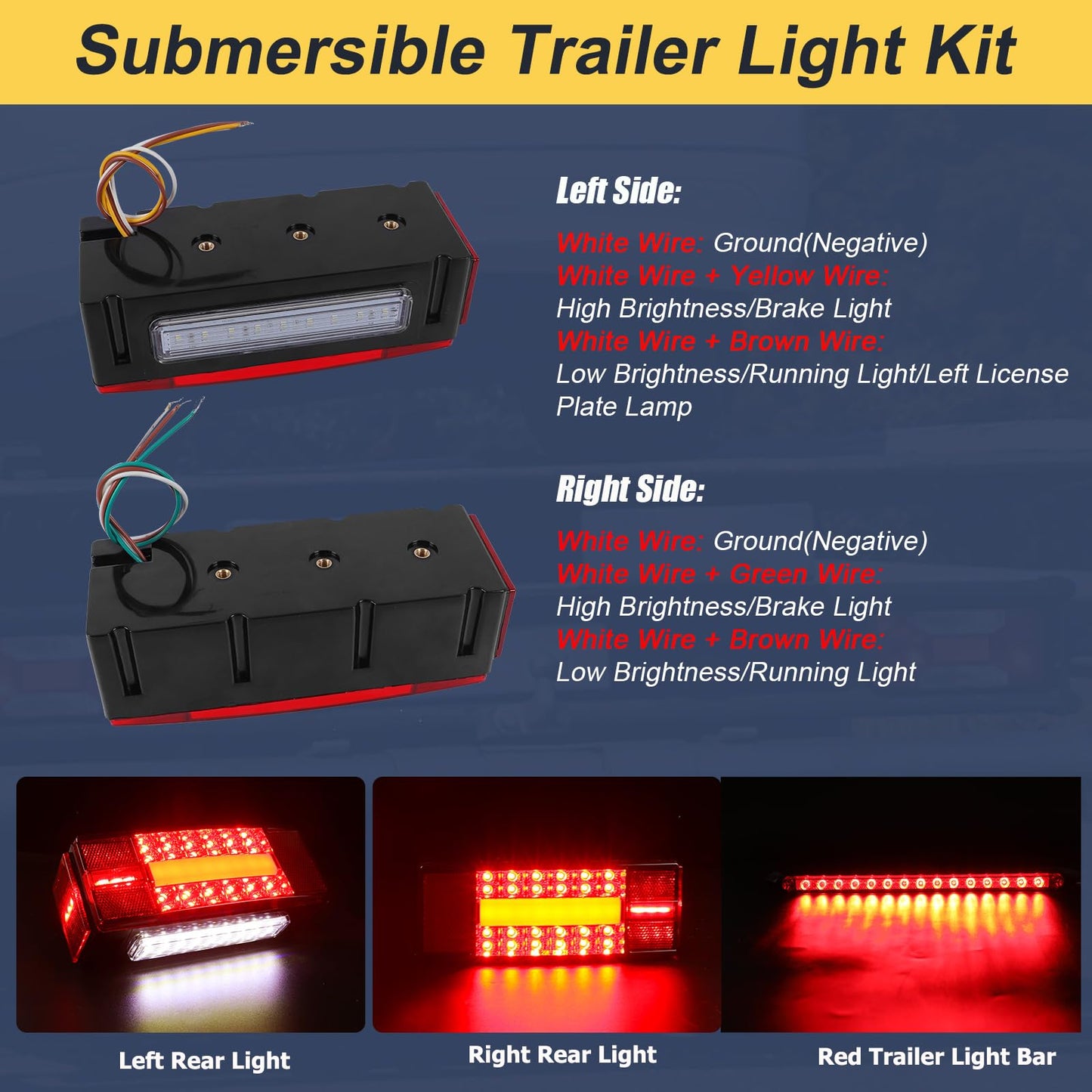 EXERAUO Boat Trailer Lights LED Kit, IP68 Submersible, 8 Inch, Red & Amber, Model HDD-T06, Includes Wiring Harness