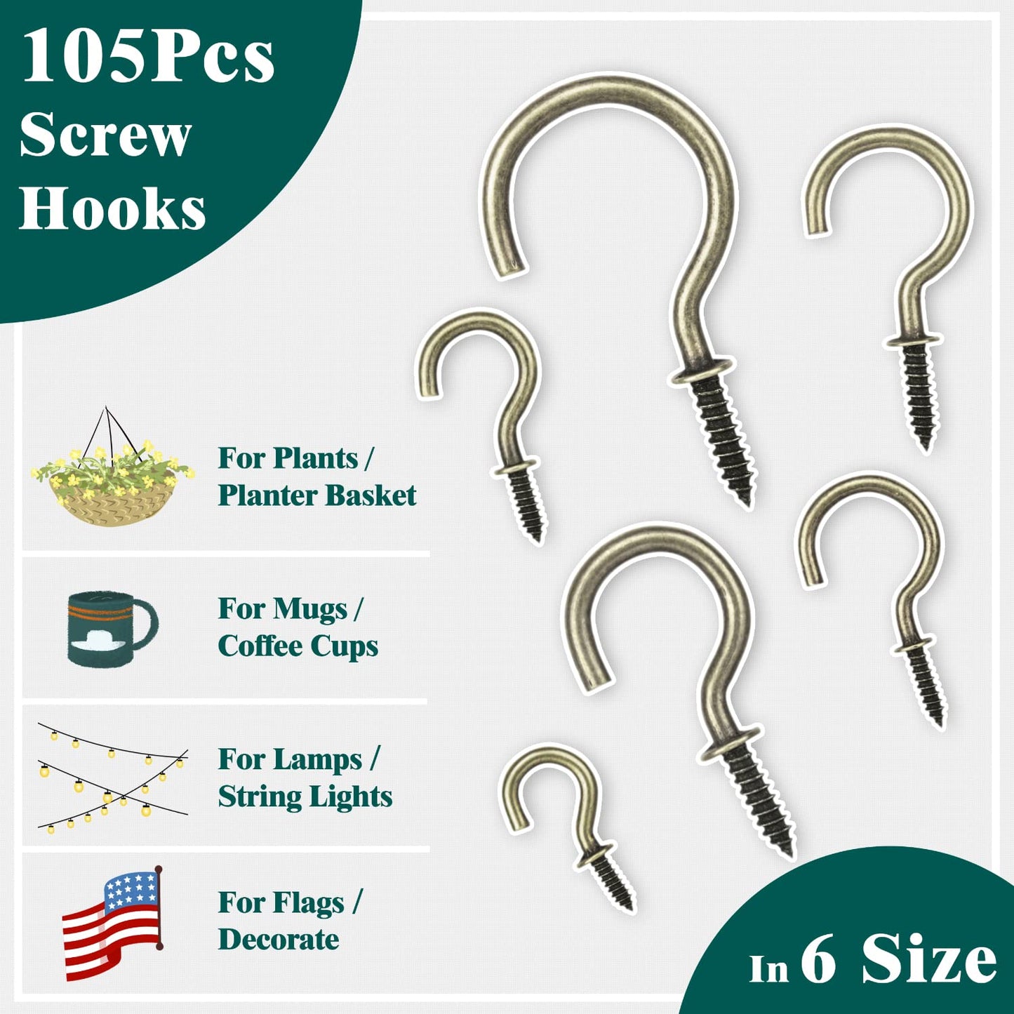EIENHOSHI 105 Pcs Screw Hooks, 6 Sizes Bronze Cup Hooks, Screw Hooks for Hanging, Metal Cup Hooks Screw in (1/2", 5/8", 3/4", 7/8", 1'', 1-1/4")