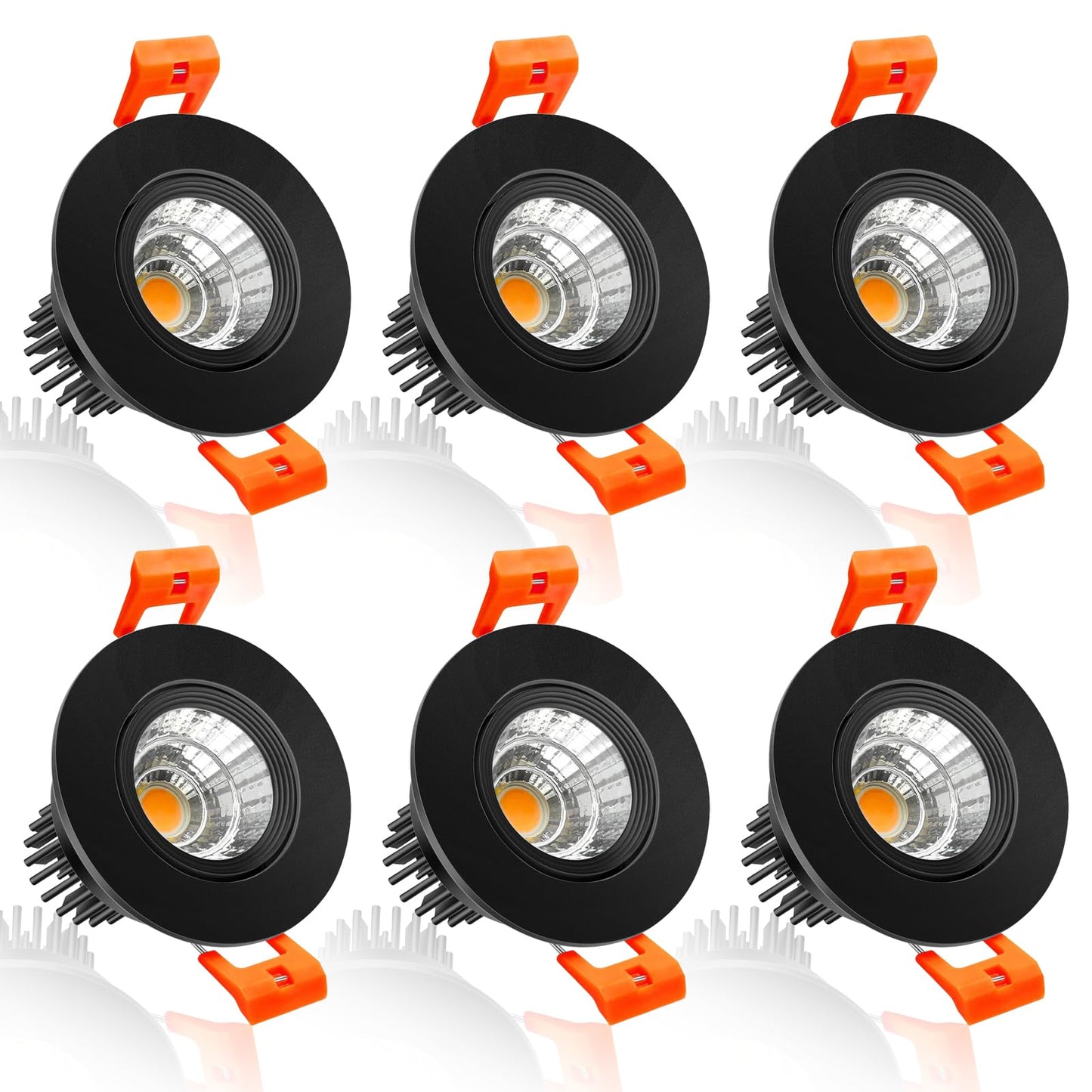 inShareplus 3W Dimmable COB LED Downlight, 3000K Warm White, Black Trim, 6 Pack, Aluminum, Model BZS-DL-3W-6P