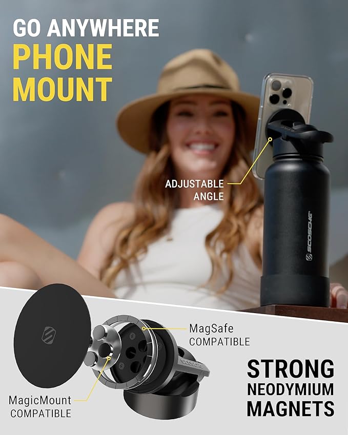 Scosche MFMS32 MagicMount Flask 32oz Stainless Steel Hot & Cold Insulated Sport Water Bottle w/Magnetic Mount Tripod Phone Stand Compatible w/MagSafe iPhone for Cup Holder/Gym/Men/Women/Travel/Black