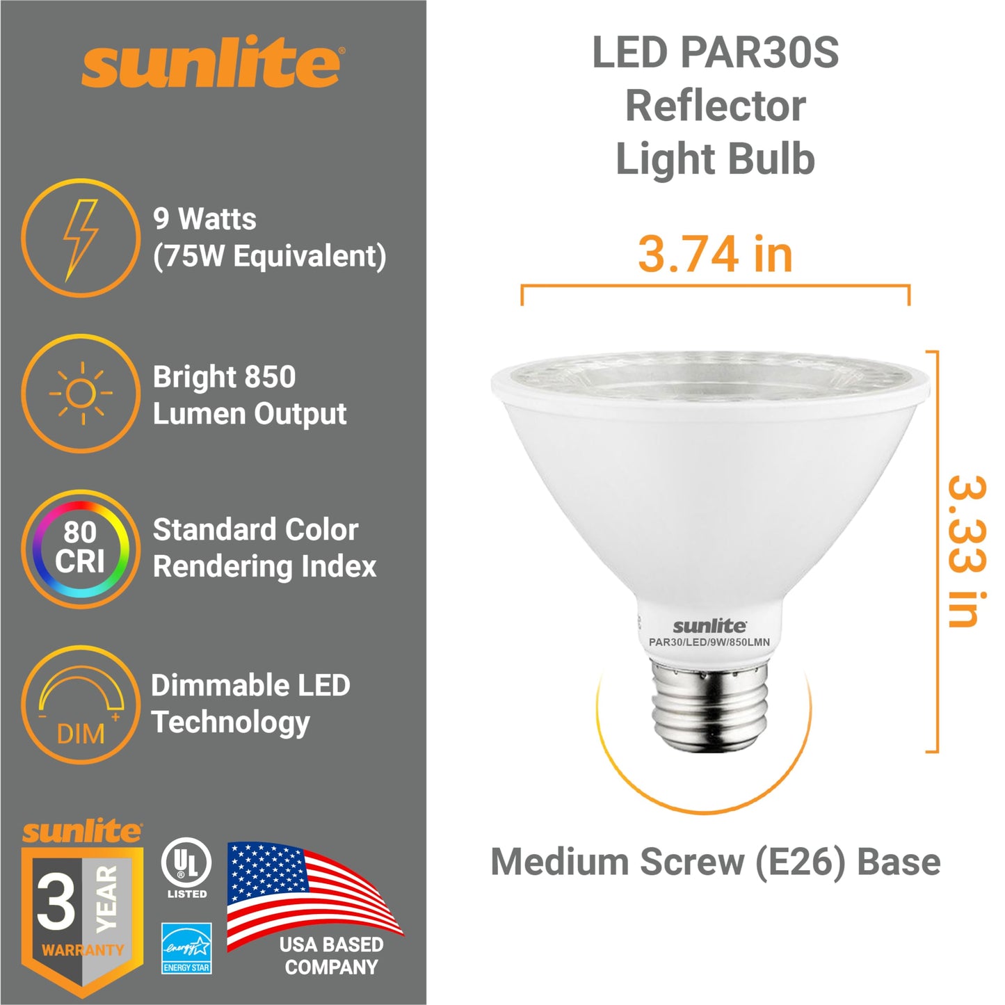 Sunlite LED PAR30 Short Neck Flood Light Bulb, 9W (75W Equivalent), 850 Lumens, Dimmable, 4000K Cool White, 6 Count