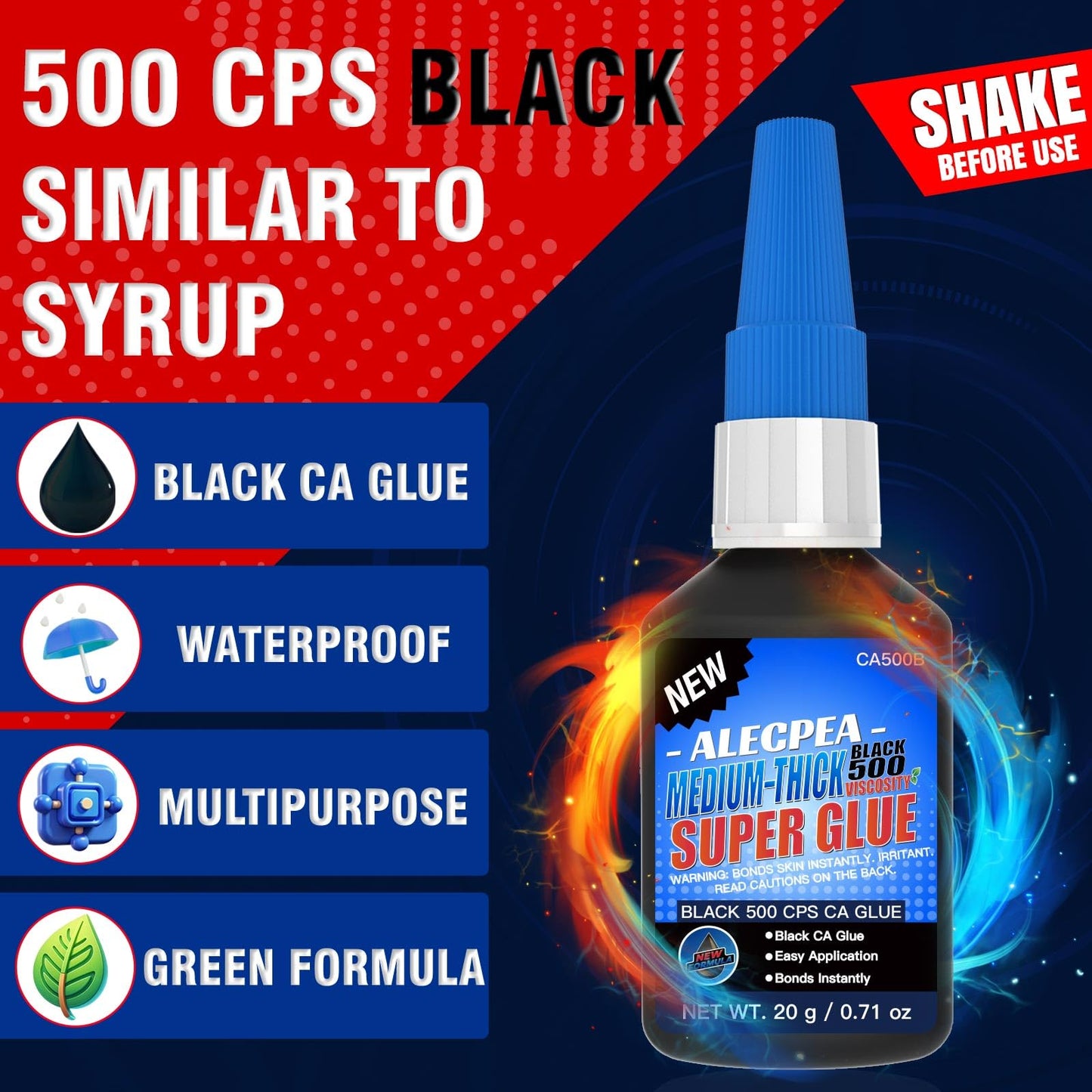 20g Black Medium-Thick CA Glue (500 CPS),Premium Cyanoacrylate Super Glue for Wood, Glass, Metal, Paper, Leather, Plastic, Ceramic, Rubber, Jewelry, Woodworking, Hobby Models, and Craft Project