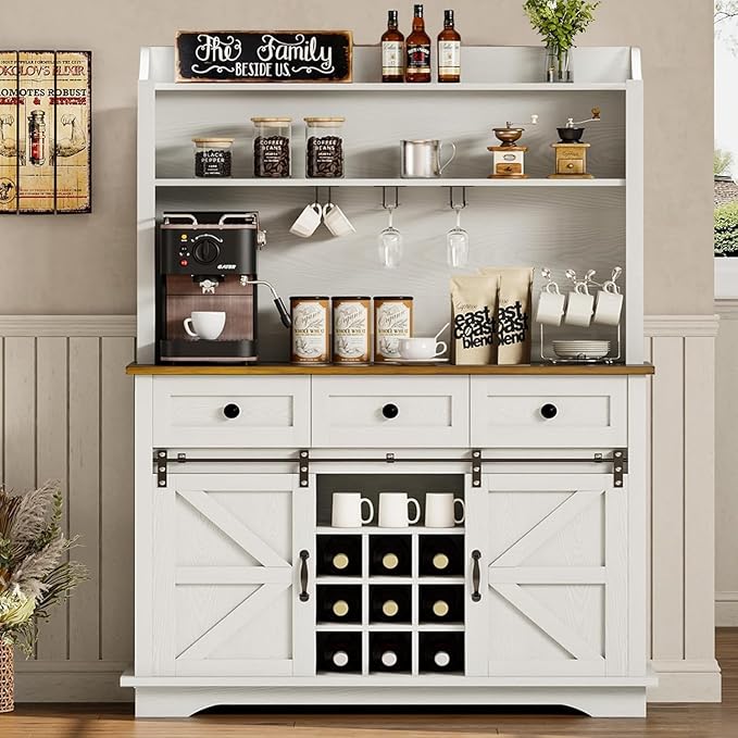 63 Inch Tall Coffee Bar Cabinet with 3-Tier, Kitchen Hutch with 3 Large Drawers, Farmhouse Coffee Bar with 9 Wine Racks & 3 Glass Holders, Wine Storage Cabinet for Living Dining Room, White
