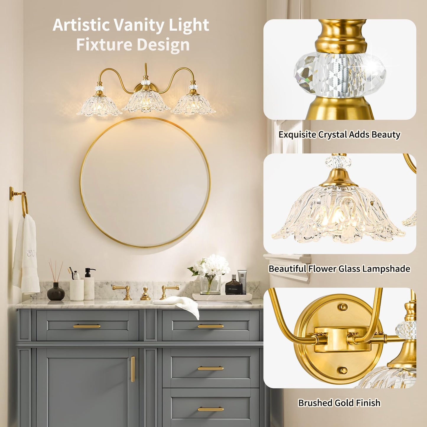 Sunkryster Gold Bathroom Vanity Light  3-Light Brushed Gold Finish Vanity Light With Floral Clear Glass Shades  Retro Wall Mount Lighting For Bathroom  Dressing Table