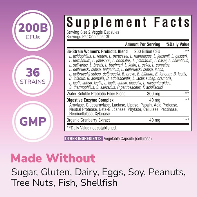 Probiotics for Women 200 Billion CFU, 36 Unique Strains, with Cranberry Prebiotics & Digestive Enzymes, High Potency Vaginal Probiotics, Full-Spectrum Gut Health, 60 Vegan Capsules