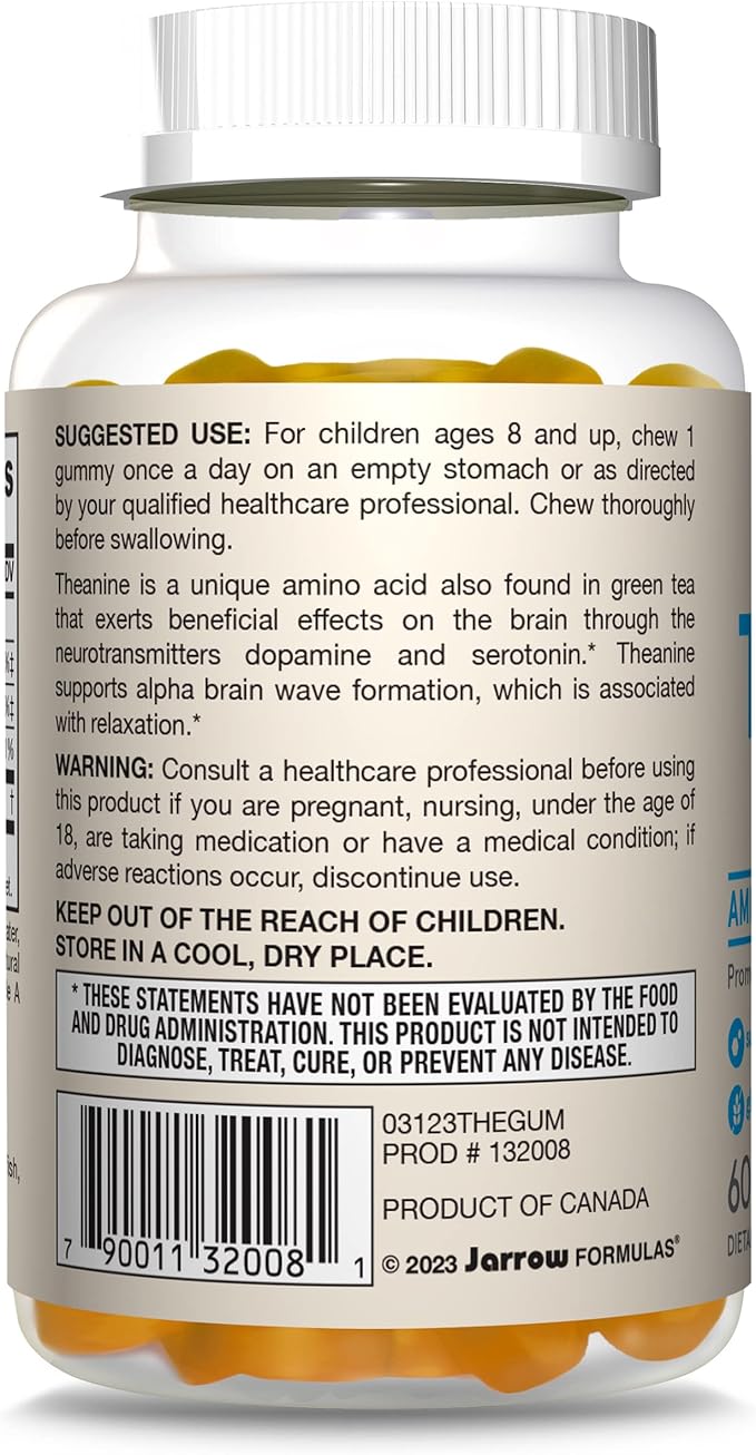 Jarrow Formulas Theanine 100 mg Gummies, Dietary Supplement That Promotes Calmness, 60 Apple-Flavored Gummies, 60 Day Supply
