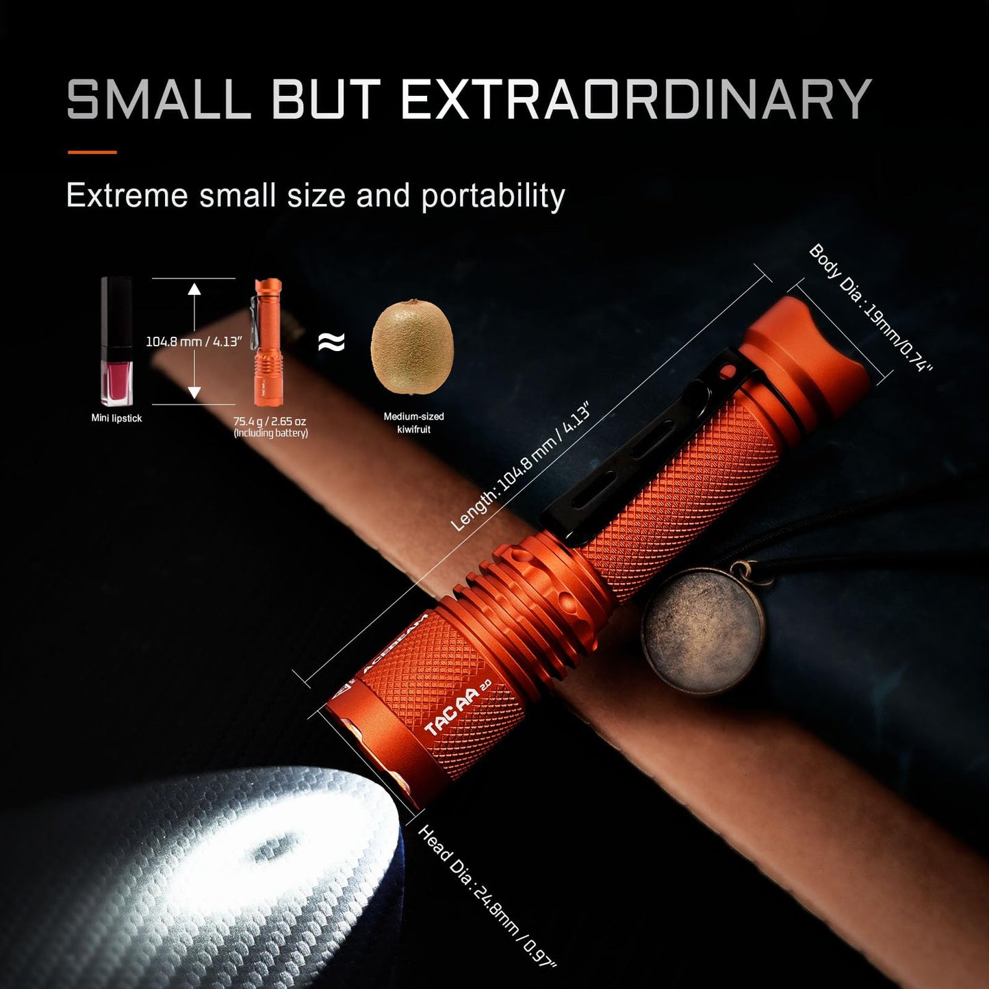 ACEBEAM TAC AA 2.0 Flashlight, 900 Lumens, 360 Meters Range, Rechargeable, Orange, Aluminum