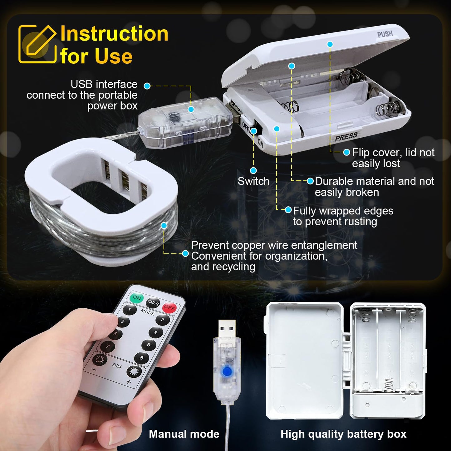 FWYWNL USB Fairy Light, 16ft 50 LED, Remote Control, Waterproof, 2 Pac, White, Copper Material