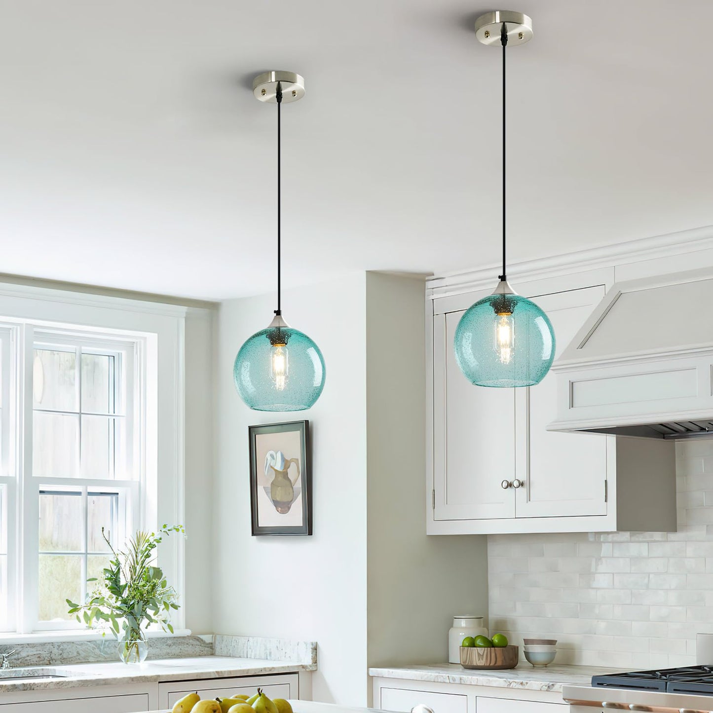 Lbsqj Light Blue Glass Pendant Lights Kitchen Island Lighting Globe Pendant Light Fixtures Modern Pendant Lighting For Bedroom Living Dining Room Light Fixture (7.87 In  2 Pack)
