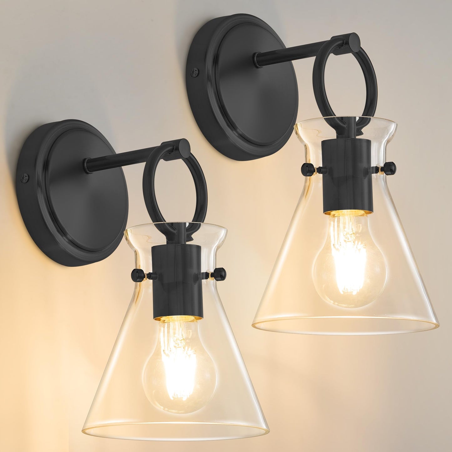 Gednbo Wall Sconces Set Of 2 Modern Vanity Light Fixtures For Bathroom Black Wall Mount Lighting Lamp Hardwired Farmhouse Wall Lights With 6 Inch Clear Glass Shade For Bedroom Living Room Mirror