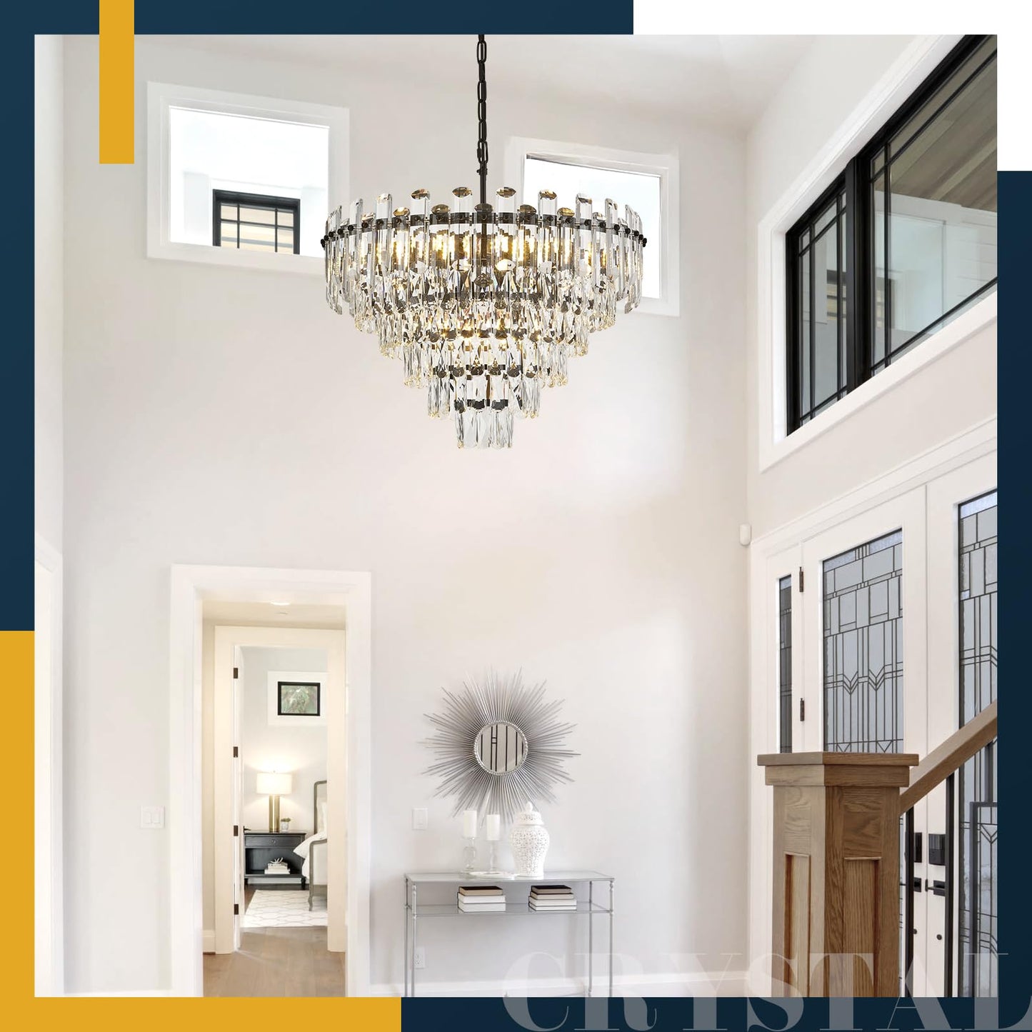 Brfaixla 6-Tiers Modern Crystal Chandelier Black 12-Light 23.6 Contemporary Round Pendant Chandeliers Light stylish Ceiling Hanging Lighting For Living Dining Room Bedroom Kitchen Island Foyer