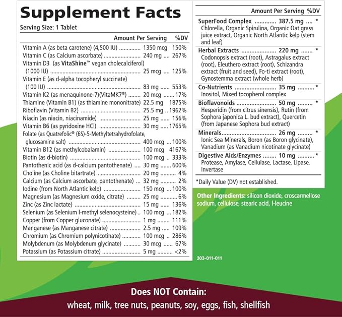One n Only Whole Food Multivitamin by Pure Essence - Super Energetic Once a Day with Superfoods, Minerals, Enzymes, Vitamin D, D3, B12, Biotin - 30 Tablets