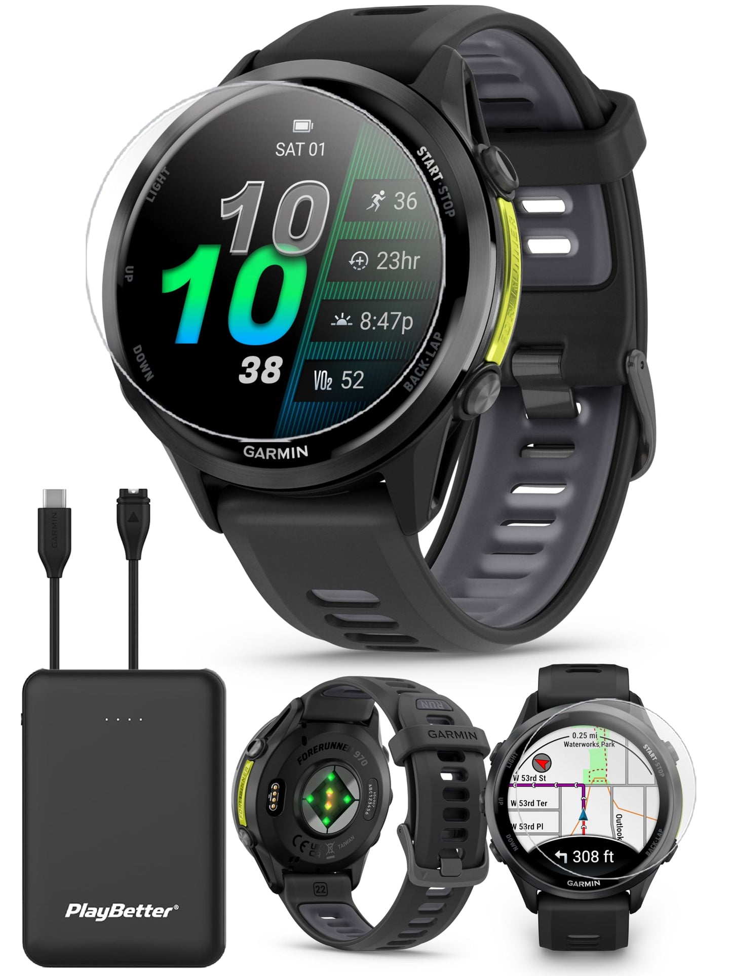 Playbetter Garmin Forerunner 970 (Carbon Gray Dlc Titanium/Black Translucent) Premium Gps Running & Triathlon Smartwatch Bundle