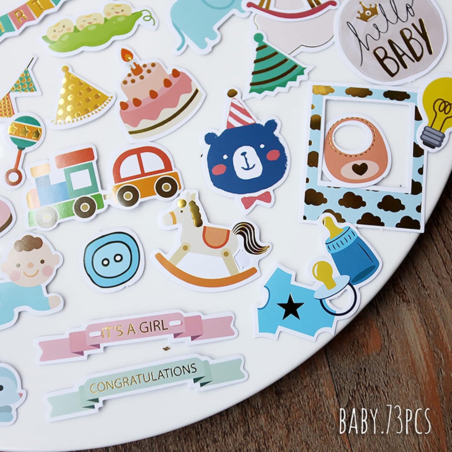 Doraking 73PCS Baby Loves Foil Gold Decorative Stickers for Scrapbook Journals Birthday Party Invitation Cards Kids Gift Wrap Stickers, Doraking No-Repeat Cute Cartoon Stickers (Baby)
