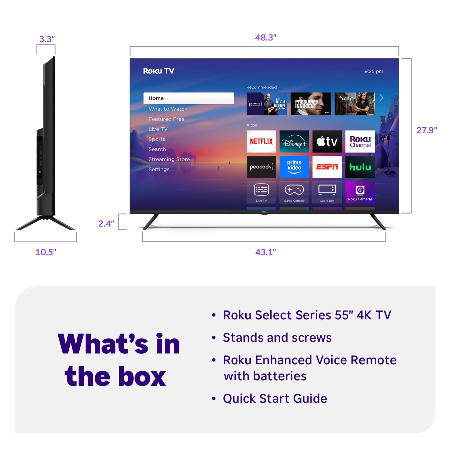 Roku Smart TV 2025 – 55-Inch Select Series, 4K HDR TV – Roku TV with Enhanced Voice Remote – Flat Screen LED Television with Wi-Fi for Streaming Live Local News, Sports, Family Entertainment