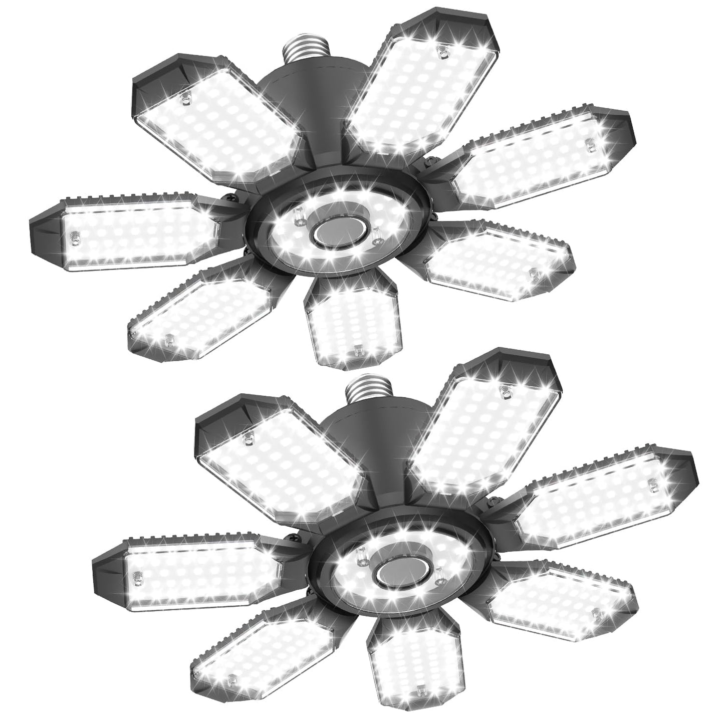 TANBABY 250W LED Garage Lights 2 Pack, 30000LM Deformable Ceiling Light, E26/E27, Black, Model T-180X