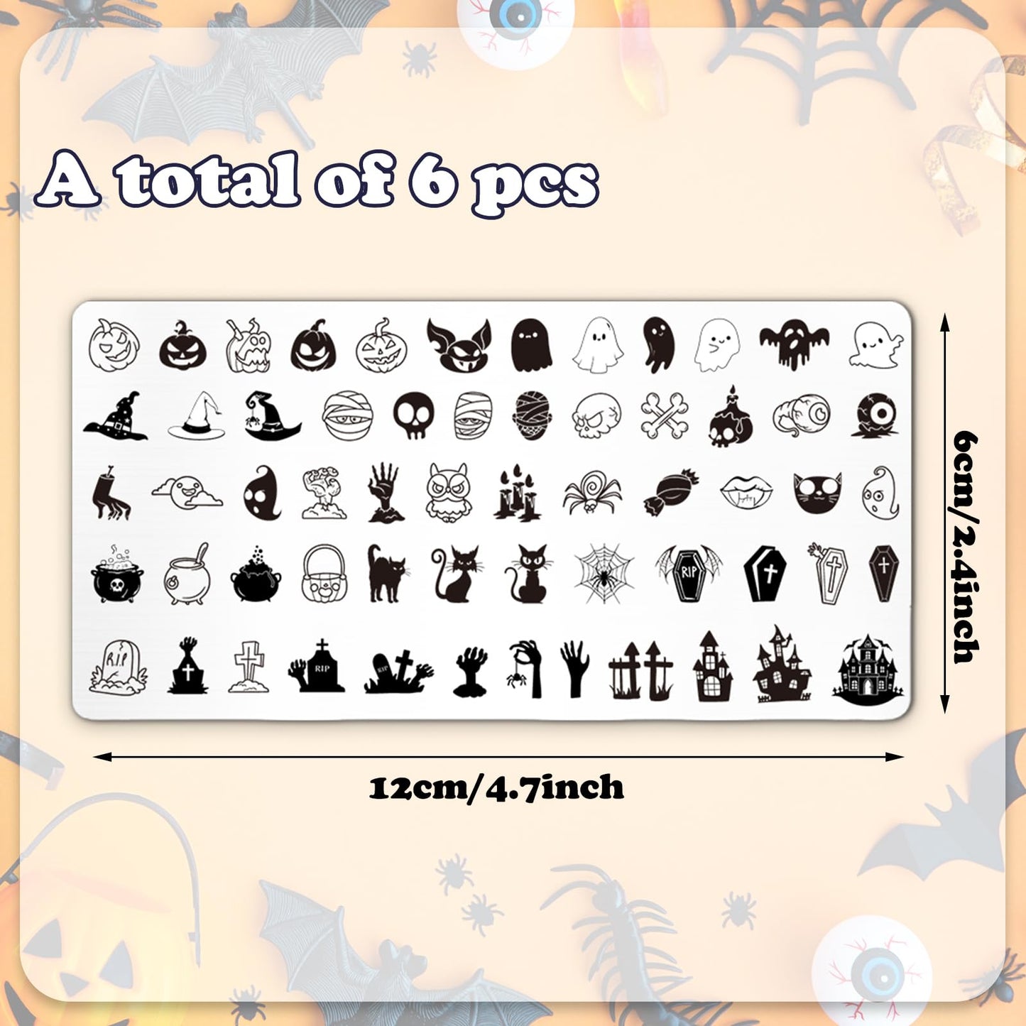 Whaline 6Pcs Halloween Nail Plates Stamping Set Pumpkin Ghost Bat Witch Stamp Templates Nail Art Plates for Trick or Treat Party