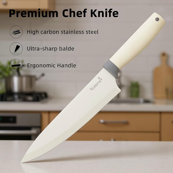 KUISINE Upgraded Sharp Chef Knife Set,High Carbon Stainless Steel Ergonomic Handle Knife Set with 3-hole Bottom Block,Easy to Drain and Clean(Ivory Silver Pro,6PCS)