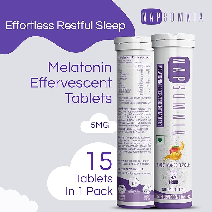 Melatonin Effervescent Tablets (Sweet Mango, 30 Count) – Dissolvable Melatonin Capsules w/ L-Theanine, Chamomile, & More - Sleep Aid Supplement for Adults - Vegan, Non GMO Melatonin Supplement
