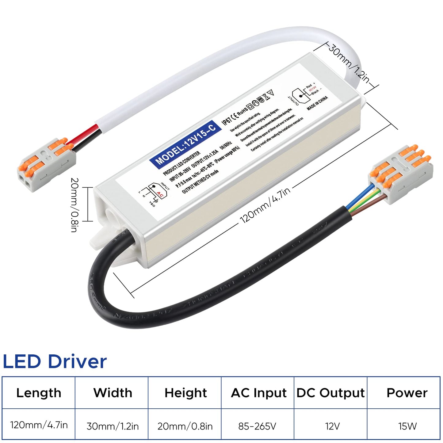 Karyoosi 12V 15W LED Driver Power Supply, Waterproof IP67, 110V AC to 12V DC Converter, Silver, Ideal for Indoor/Outdoor Lighting