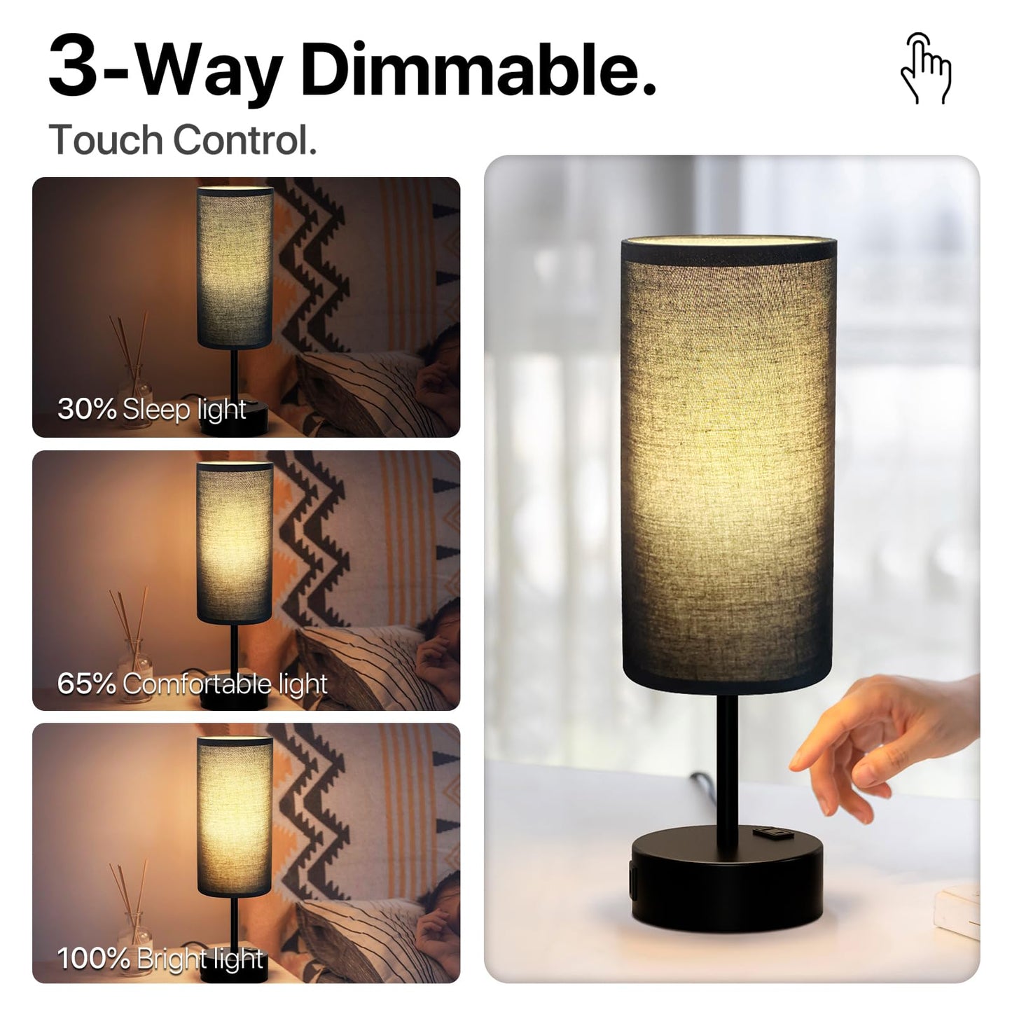 KPQ Touch Control Table Lamp with USB Ports & AC Outlet, 14in Small Size, Black Shade-Black Base, 3-Way Dimmable, Linen Fabric Shade