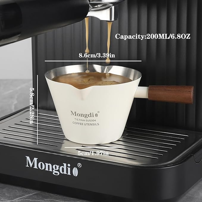 Mongdio 2 Pcs Espresso Measuring Cup, Stainless Steel Espresso Shot Cups with Wooden Handle and Double Spouts, 6.8OZ/200ML, White
