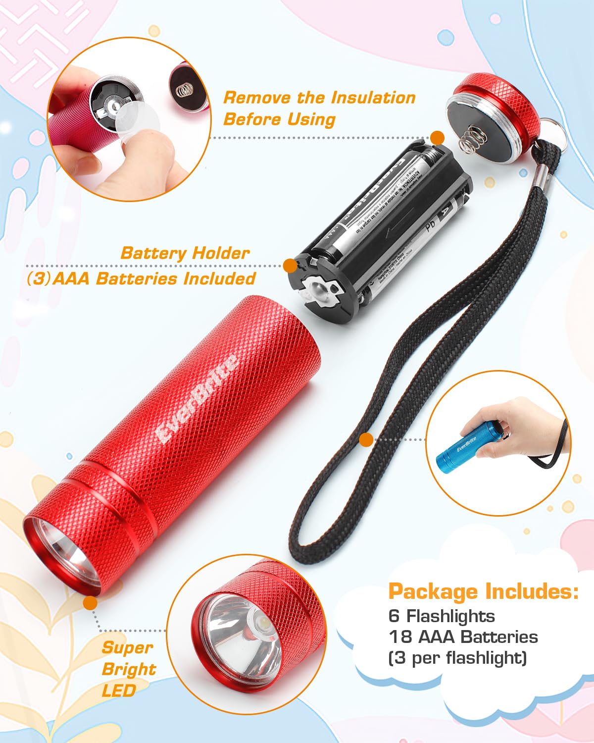 Everbrite Mini Flashlight Set - 6-Pack Aluminum Led Torches, Multicolor With Lanyards, Batteries Included For Camping & Gifts