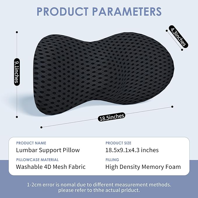 Lumbar Support Pillow, Back Pillow for Low Back Pain Relief, Ergonomic Streamline Car Seat, Office Chair, Recliner and Bed (Black)