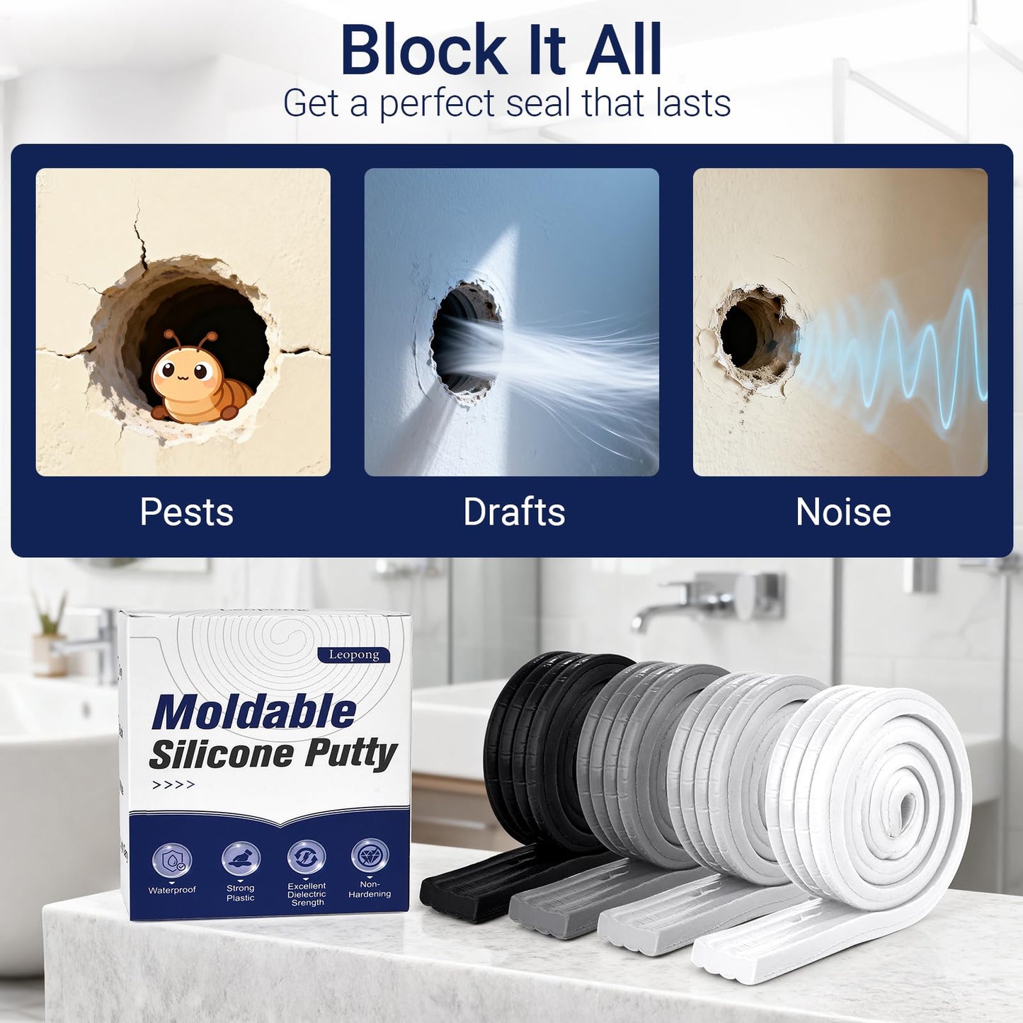 Leopong Moldable Waterproof Silicone Putty for Bathroom Wall & Pipe Gaps, Reusable & Pliable Repair Sealant (Light Grey)