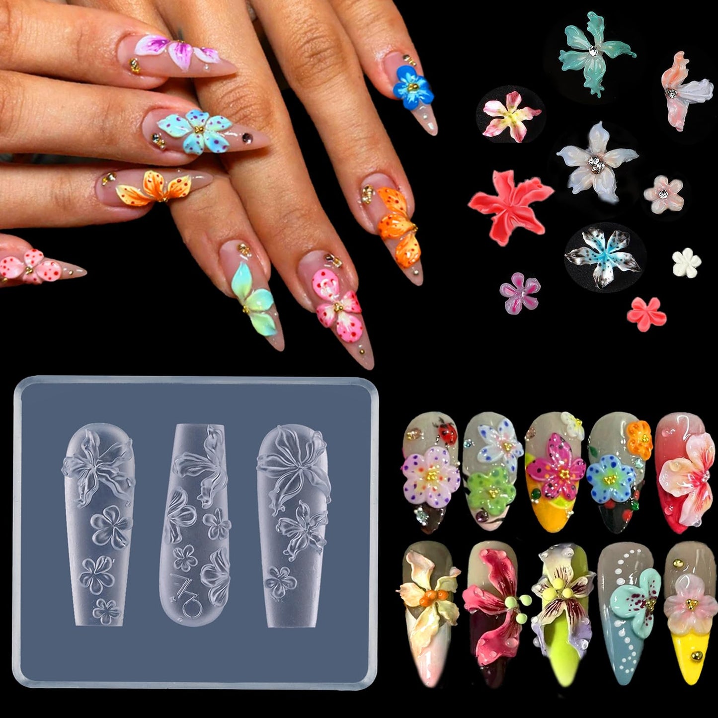 LIFOOST 3D Flowers Nail Mold Silicone Nail Tools Flower Nail Charms Resin Molds Nail Art Floral Carving Template for Resin Acces