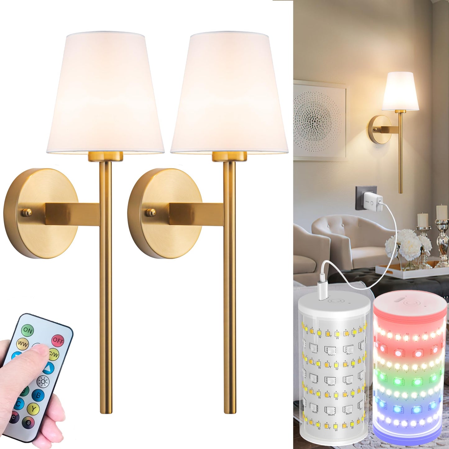 Nekhung Battery Operated Wall Sconces Set of 2, RGB Rechargeable Magnetic Bulb, Brass, 21 inch, Remote Control, One Size