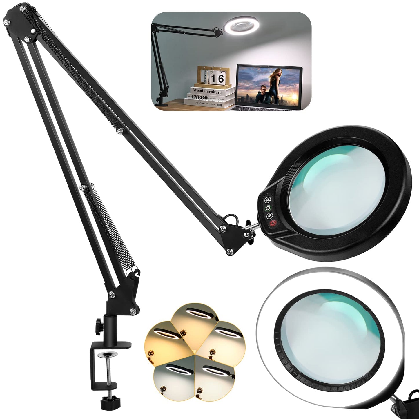 Veemagni 5 Magnifying Glass With Light, 8X Magnifier, Black, Led Clamp Desk Lamp, 5 Color Modes, 2*16 Swivel Arm, Model
