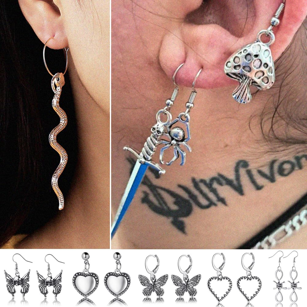 Halloween Gothic Earrings Set, Metal Punk Goth Vintage Silver Snake Spider Butterfly Dagger Dangle Drop Earrings for Women, Grunge Y2K Emo Jewelry Pack Party Costume Accessories (Style1)