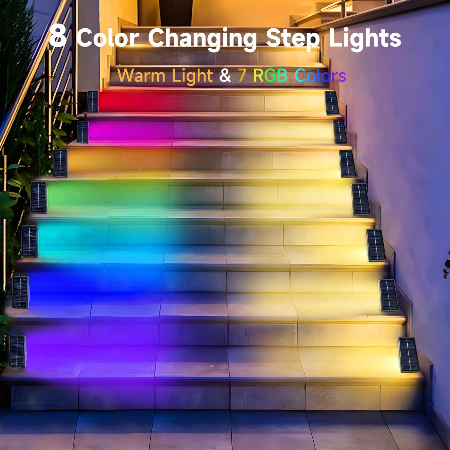 CIYOYO Solar Step Lights, 8 Pack Outdoor Waterproof, Warm White/7 RGB Colors, PEX Material, Model BZ01